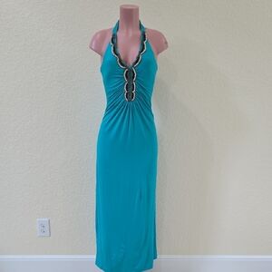 Cache Blue Gold Ruched Halter Maxi Dress